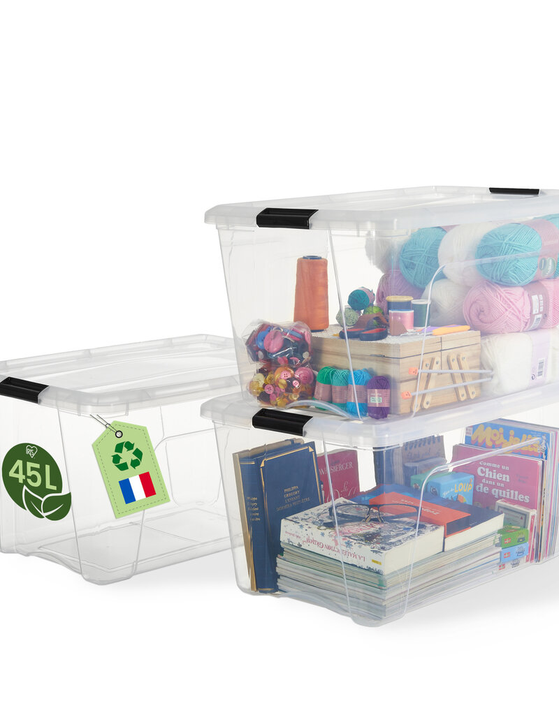 IRIS Gerecycled Plastic Huisopslagdoos, 45L, Set van 3, Transparant, BSB-45
