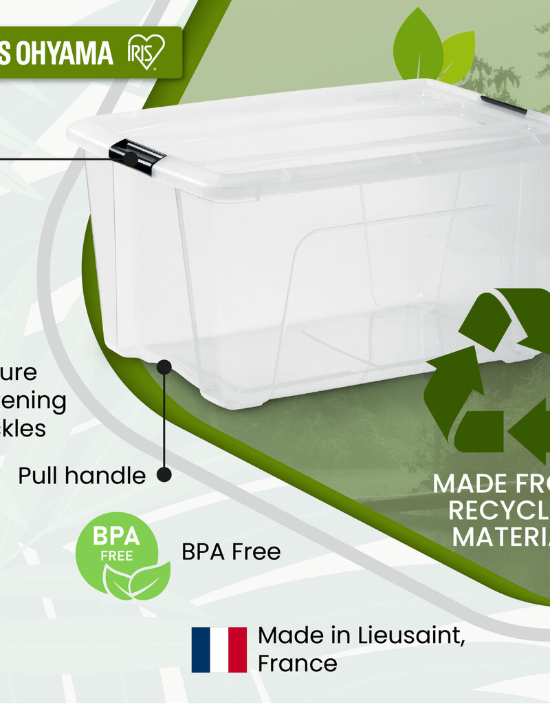 IRIS Gerecycled Plastic Huisopslagdoos, 45L, Set van 3, Transparant, BSB-45