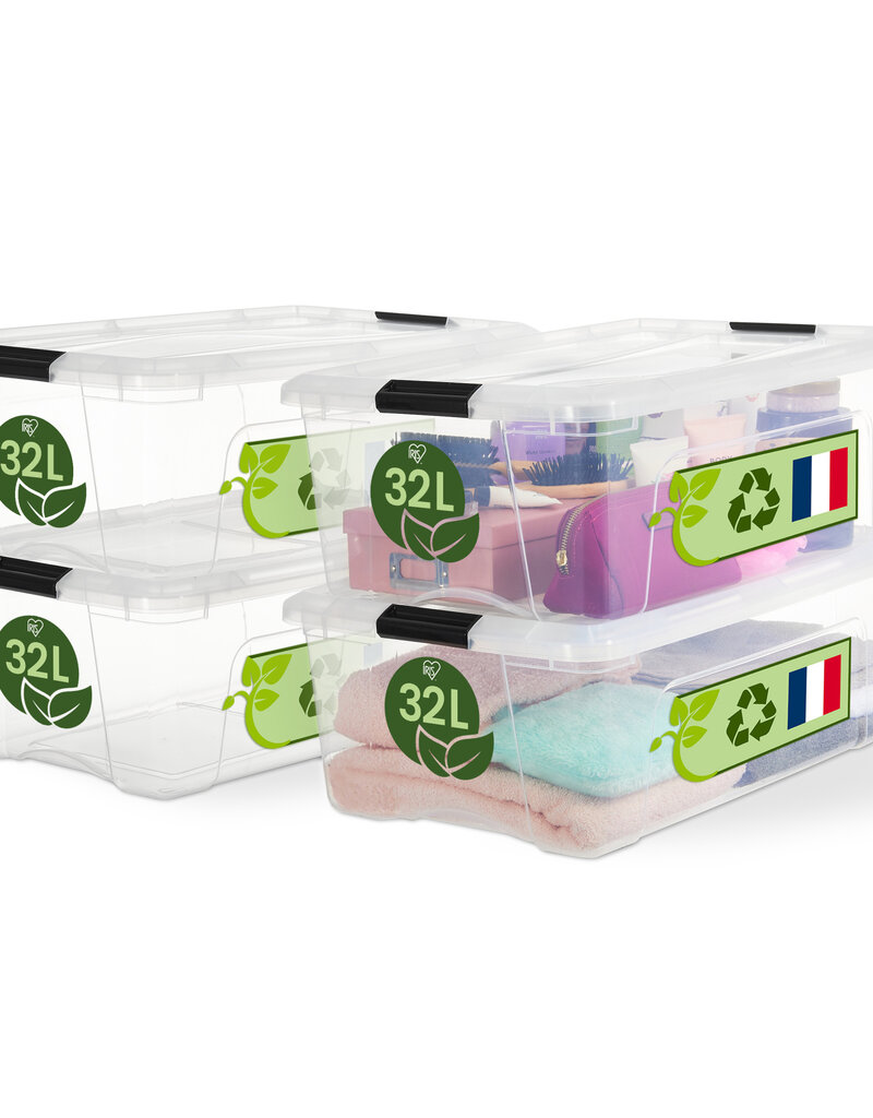 IRIS Plastic Huisopslagdoos, 32L, Set van 4, Doorzichtig, BSB-32