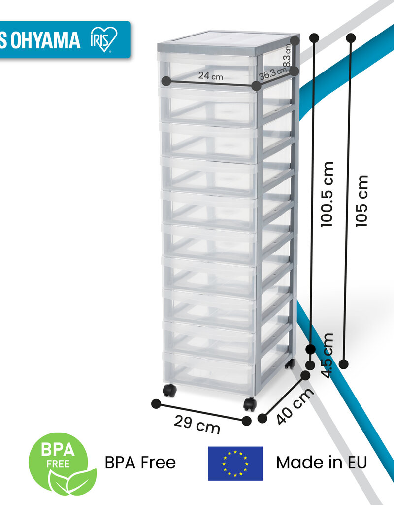 IRIS A4 plastic opslagtoren op wielen, 10 kleine lades, grijs, DC-010