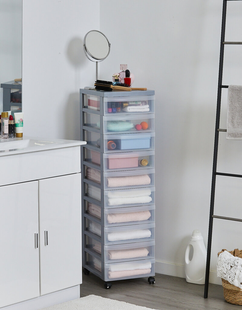 IRIS A4 plastic opslagtoren op wielen, 10 kleine lades, grijs, DC-010