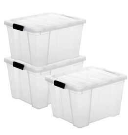 IRIS plastic storage box with lid, 30L, set of 3, clear, HB-30