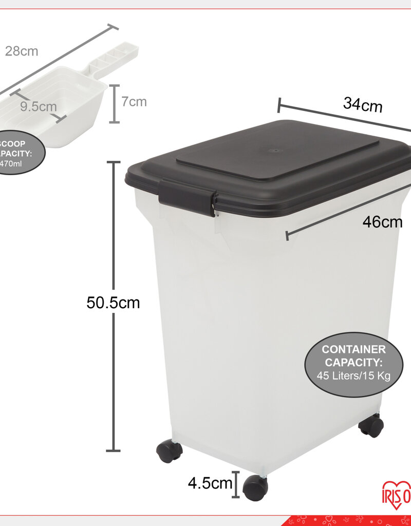 IRIS 45L brokjes voor 15 kg, luchtdicht, schop, inclusief wielen, voor honden en katten, ATS-L, zwart