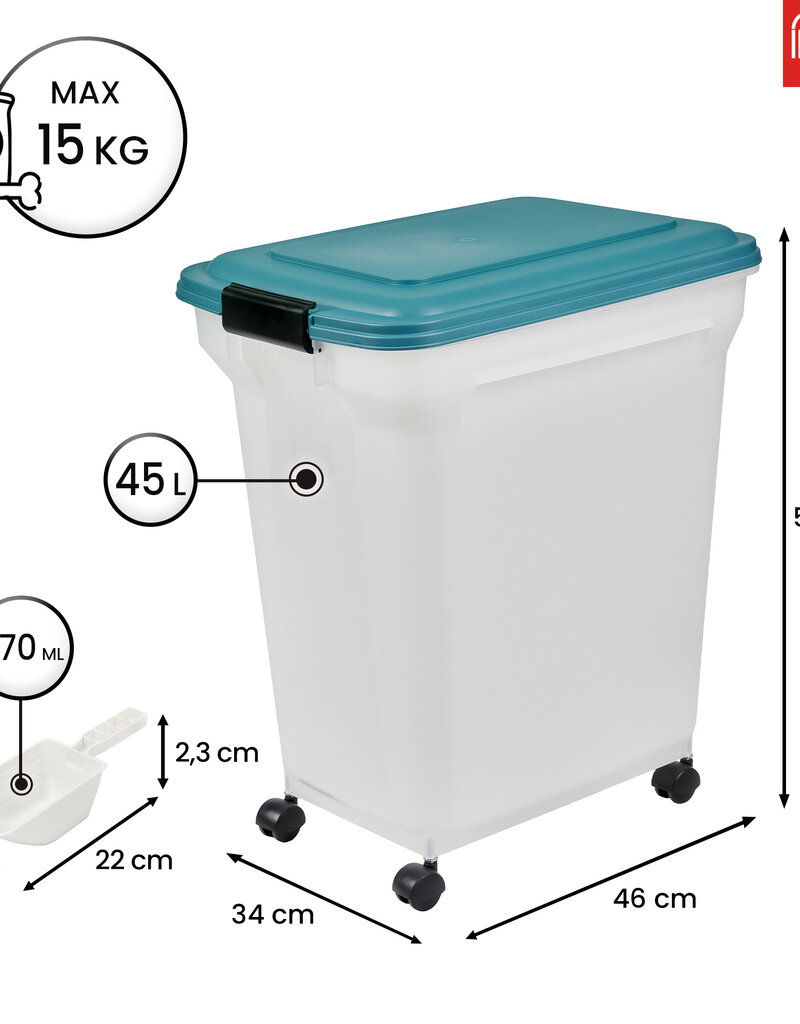 IRIS 45L brokjes voor 15 kg, luchtdicht, schop, wielen inbegrepen, voor honden en katten, ATS-L, Duck Blue