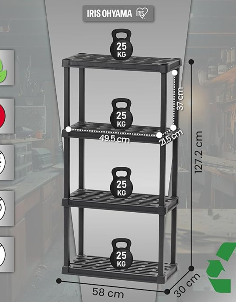 IRIS set van 2 plastic opslagplanken, 100 kg capaciteit, 4 niveaus, zwart, PRS-M4