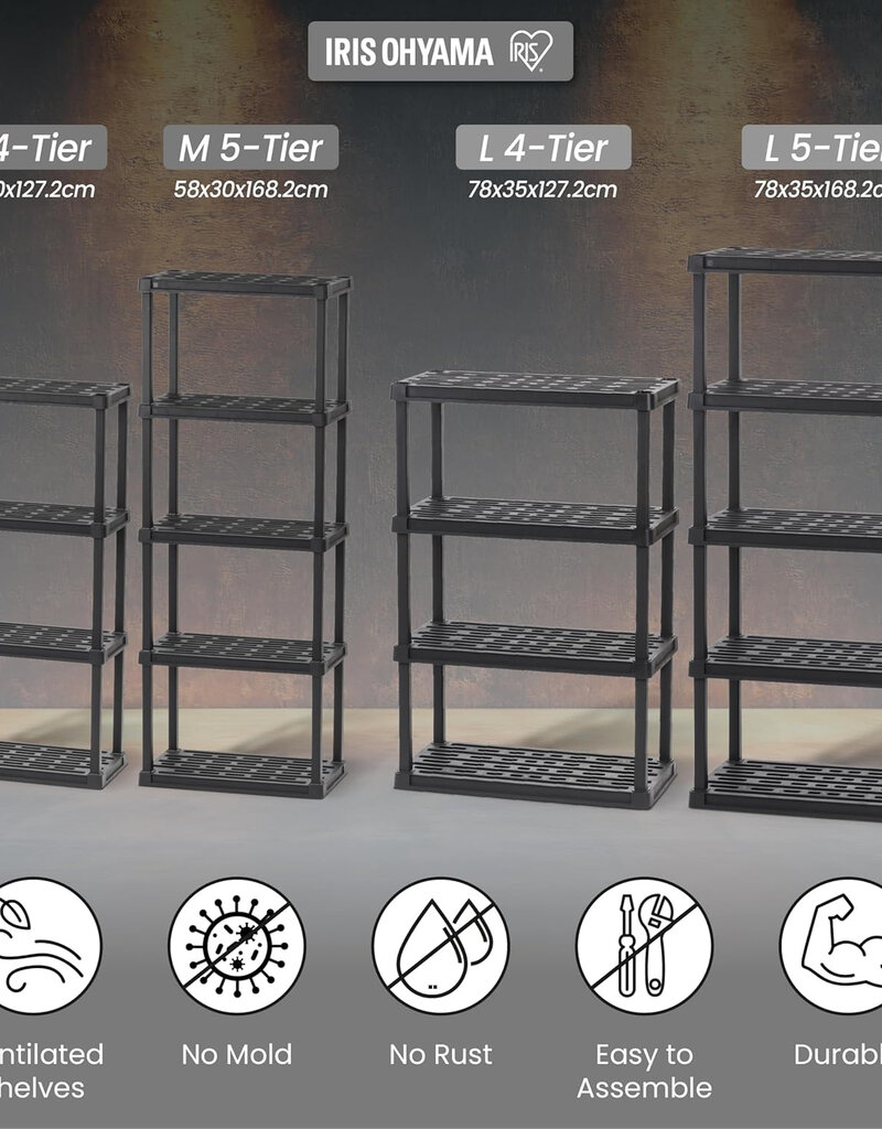 IRIS set van 2 plastic opslagplanken, 100 kg capaciteit, 4 niveaus, zwart, PRS-M4