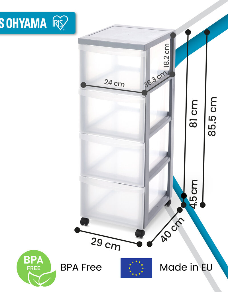 IRIS A4 plastic opslagtoren op wielen, 4 grote lades, grijs, DC-304