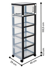 IRIS A4 plastic opslagtoren op wielen, 5 grote lades, zwart, DC-305
