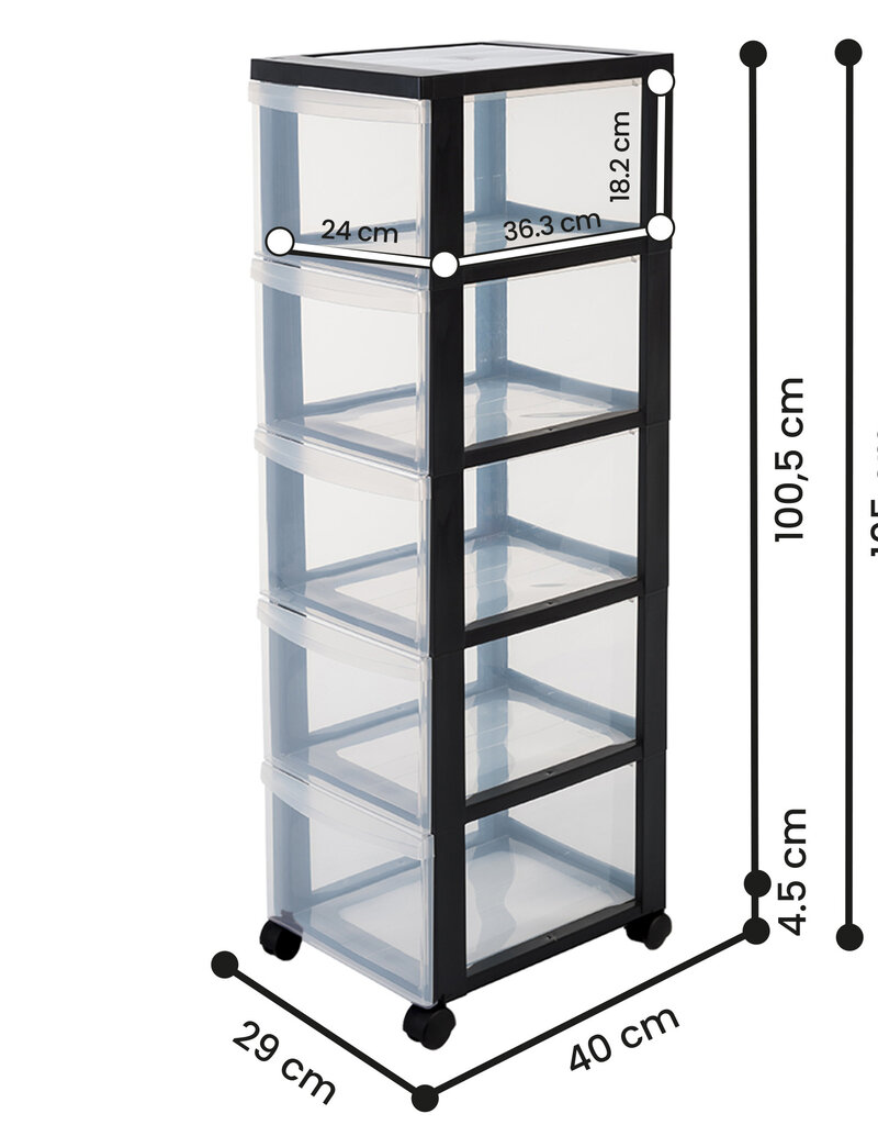 IRIS A4 plastic opslagtoren op wielen, 5 grote lades, zwart, DC-305