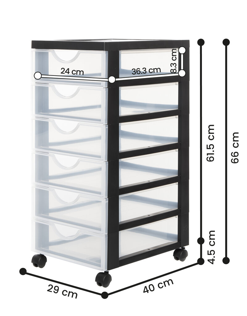 IRIS opslagtoren met plastic wielen, 6 kleine lades, zwart, DDDC-360