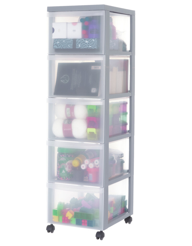 IRIS A4 plastic opslagtoren op wielen, 5 grote lades, grijs, DC-305