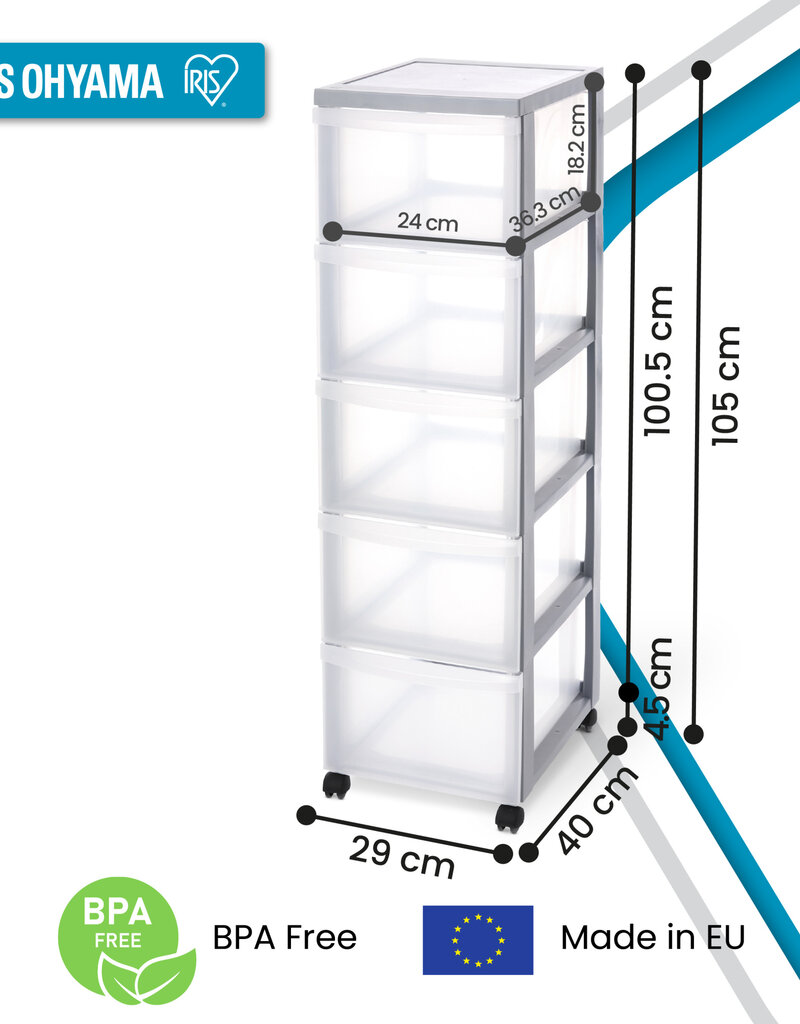 IRIS A4 plastic opslagtoren op wielen, 5 grote lades, grijs, DC-305