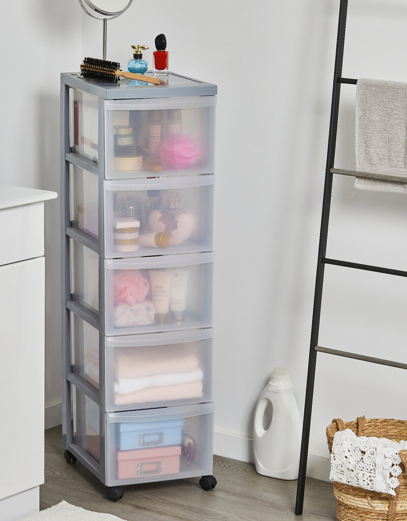 IRIS A4 plastic opslagtoren op wielen, 5 grote lades, grijs, DC-305