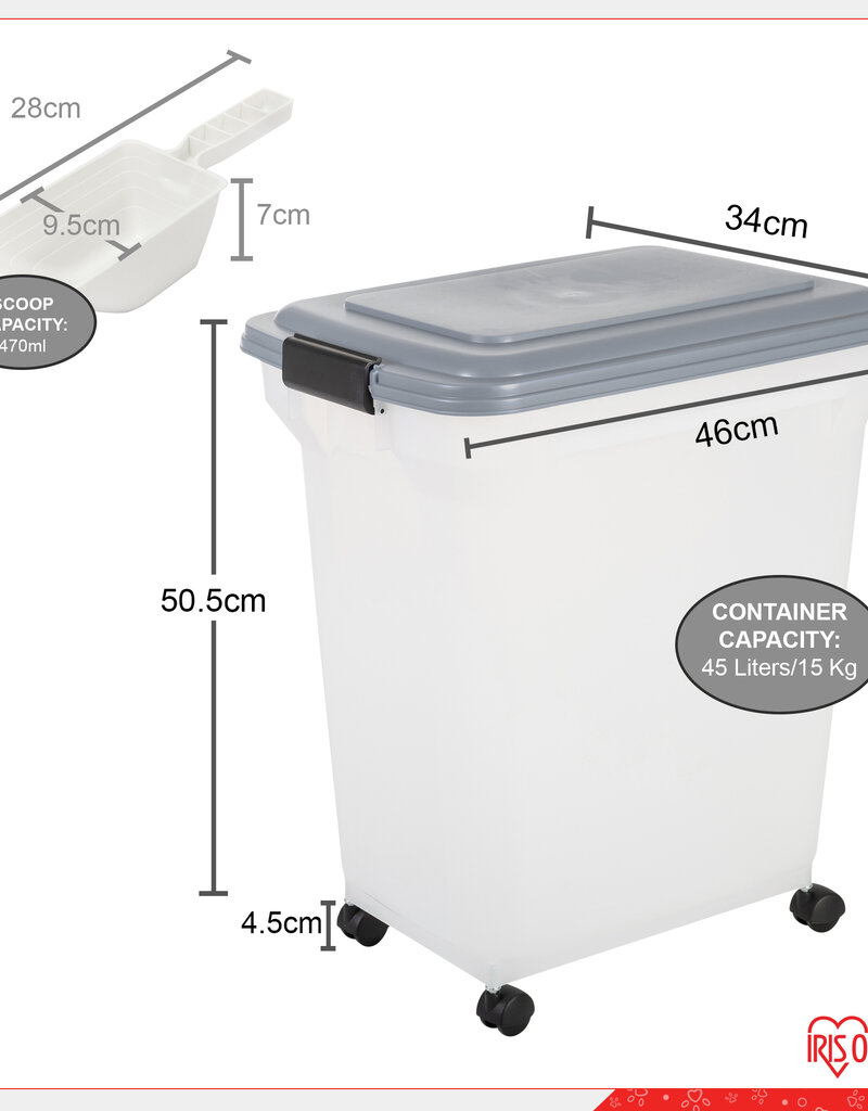 IRIS Kibble Box 45L voor 15 kg, luchtdicht, schop, wielen inbegrepen, voor hond en kat, ATS-L, grijs