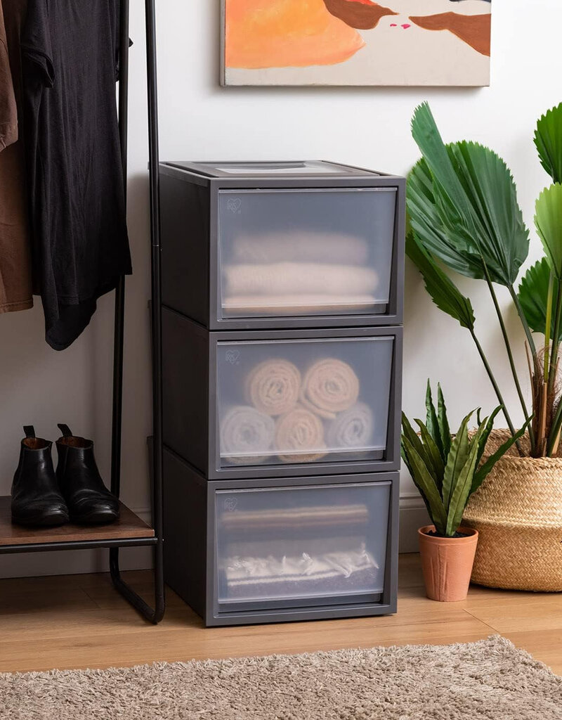 IRIS stapelbare plastic lades voor kleding, 40L, set van 3, donkergrijs, voor kast, slaapkamer, BC-NS-500D