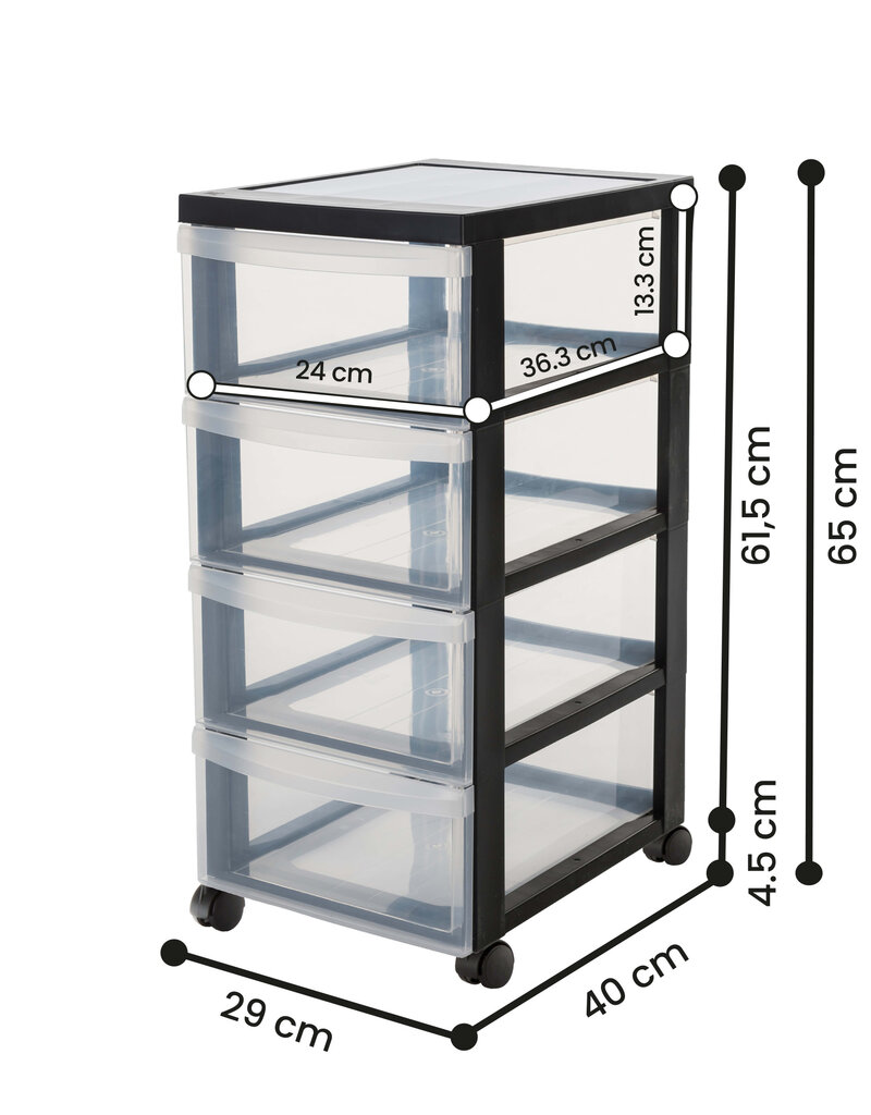 IRIS A4 plastic opslagtoren op wielen, 4 lades middelgroot, zwart, DC-004
