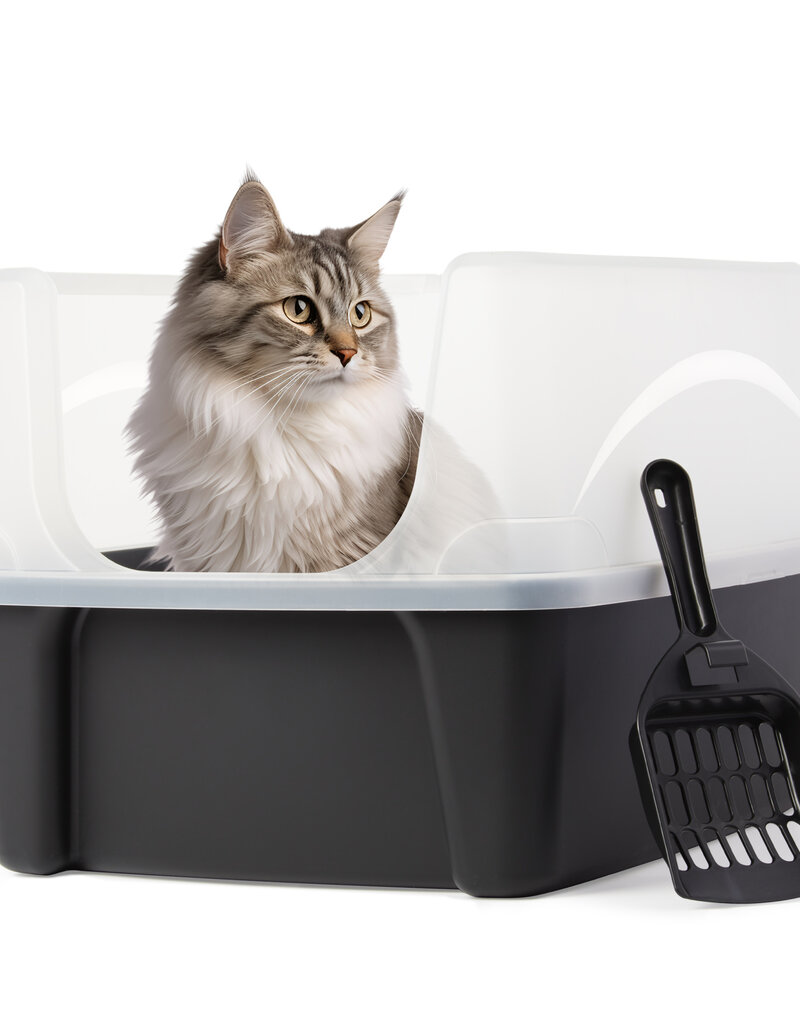 IRIS kattenbak met schop, zwart, makkelijk schoon, lekvrij, voor volwassen katten, kittens, DDCLH-12