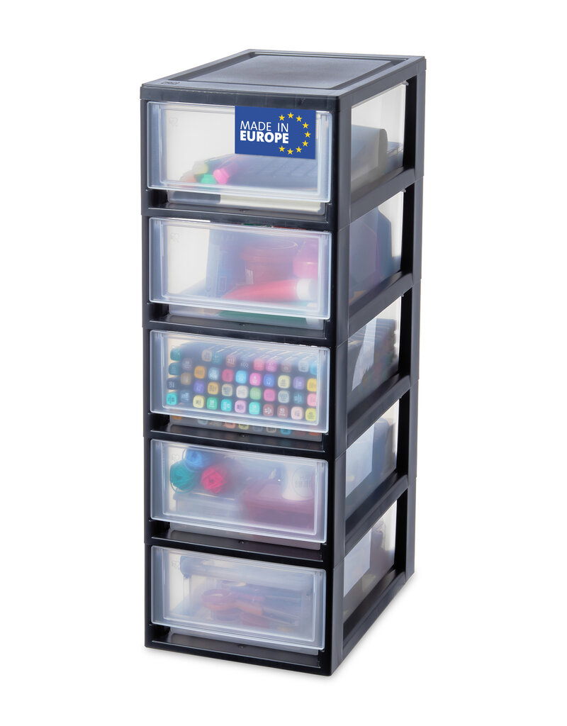 IRIS plastic opslagtoren, 5 7L lades, zwart, stapelbaar, badkamer, kleine doe-het-zelf, MSD-1