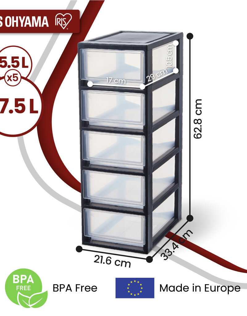 IRIS plastic opslagtoren, 5 7L lades, zwart, stapelbaar, badkamer, kleine doe-het-zelf, MSD-1