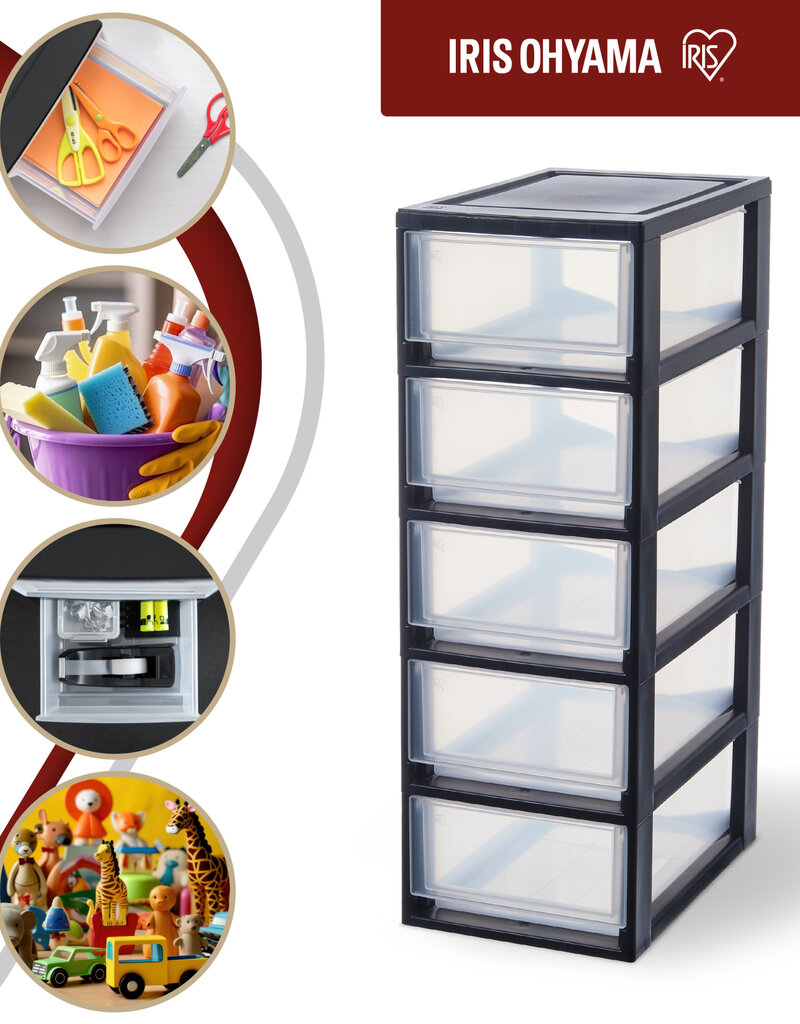 IRIS plastic opslagtoren, 5 7L lades, zwart, stapelbaar, badkamer, kleine doe-het-zelf, MSD-1