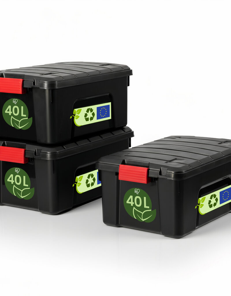 IRIS Duurzame Plastic Opbergkoffer, 40L, Set van 3, Zwart, SIA-40