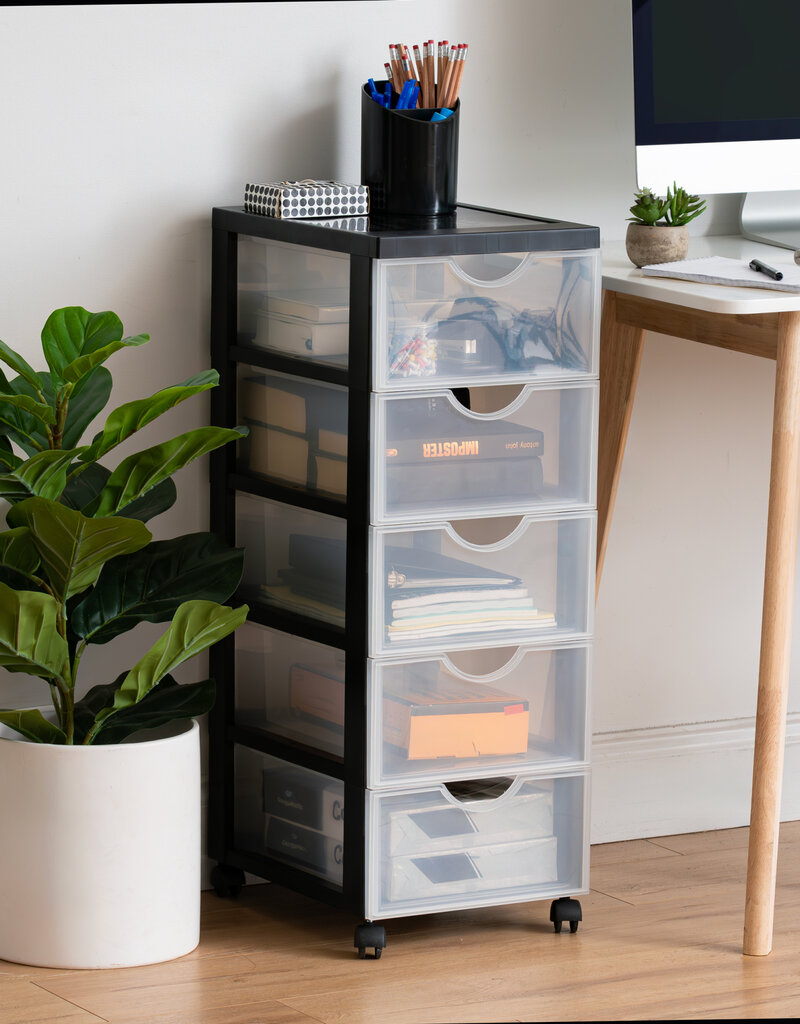 IRIS plastic opbergtoren op wielen, 5 middelgrote lades, zwart, DDDC-005