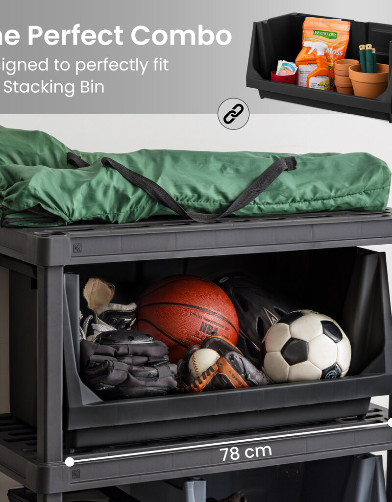 IRIS grote duurzame plastic opslagplank, 320 kg capaciteit, zwart, eenvoudig in elkaar te zetten, 4 niveaus, PRS-XL4