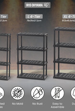 IRIS grote duurzame plastic opslagplank, 320 kg capaciteit, zwart, eenvoudig in elkaar te zetten, 4 niveaus, PRS-XL4