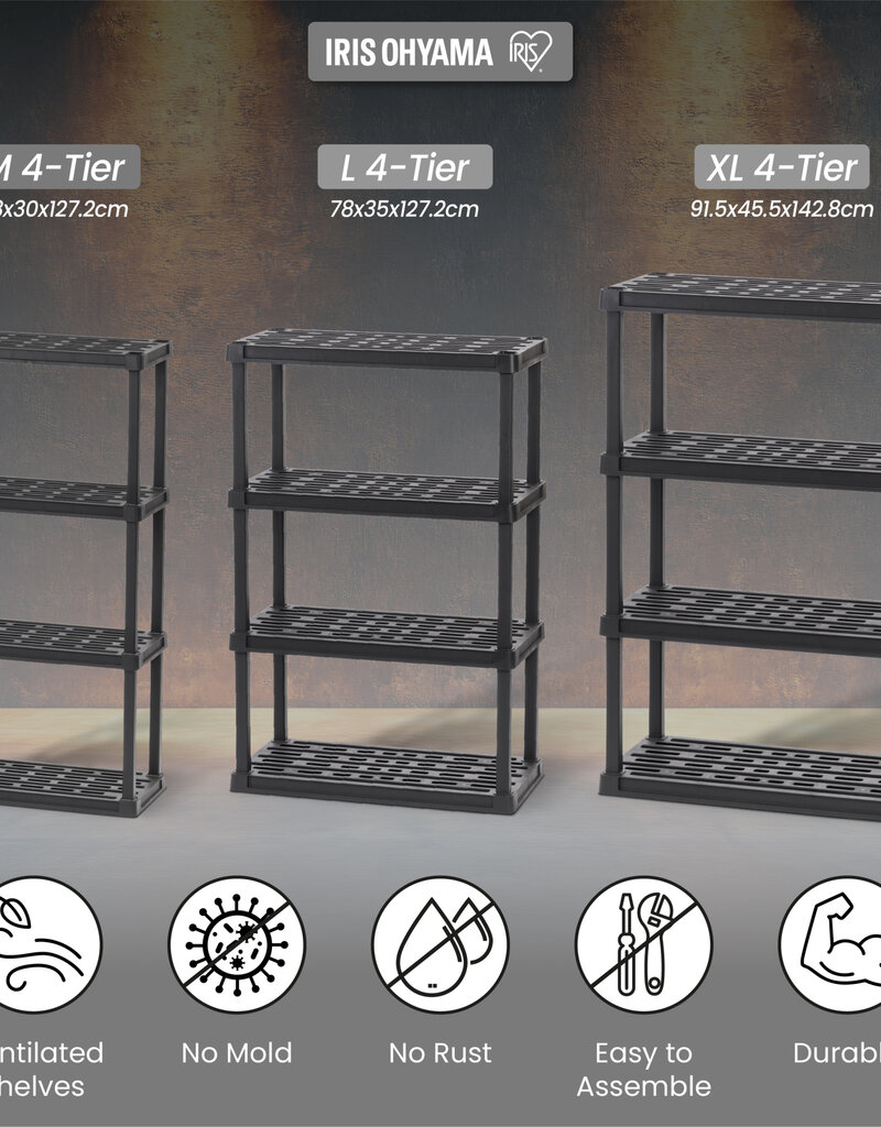IRIS grote duurzame plastic opslagplank, 320 kg capaciteit, zwart, eenvoudig in elkaar te zetten, 4 niveaus, PRS-XL4