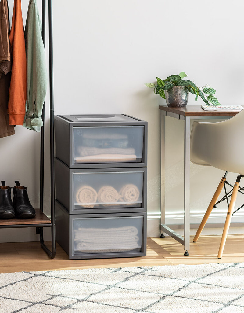IRIS stapelbare plastic lades voor kleding, 32L, set van 3, donkergrijs, voor kast, slaapkamer, BC-NS-500