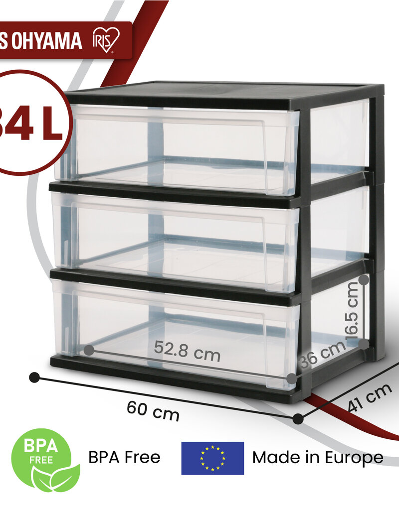 IRIS grote plastic opslagtoren, 2 torens, 34L per lade, zwart, voor kantoor, garage, slaapkamer