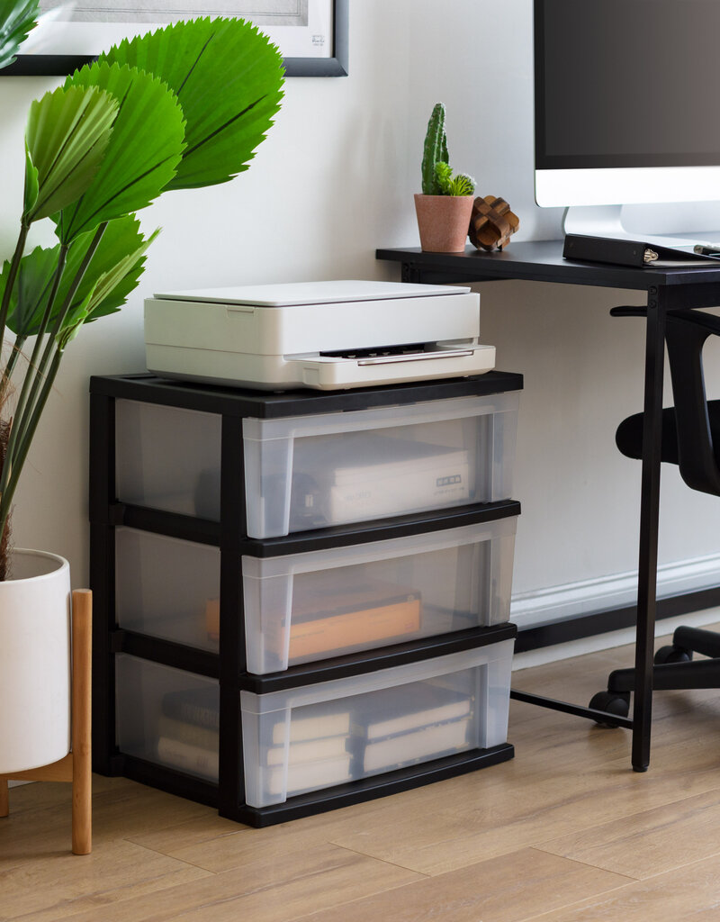 IRIS grote plastic opslagtoren, 2 torens, 34L per lade, zwart, voor kantoor, garage, slaapkamer