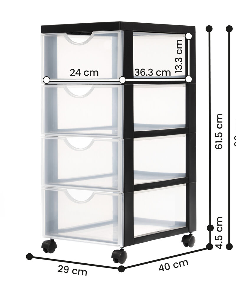 IRIS plastic opslagtoren op wielen, 4 middelgrote lades, zwart, DDDC-004