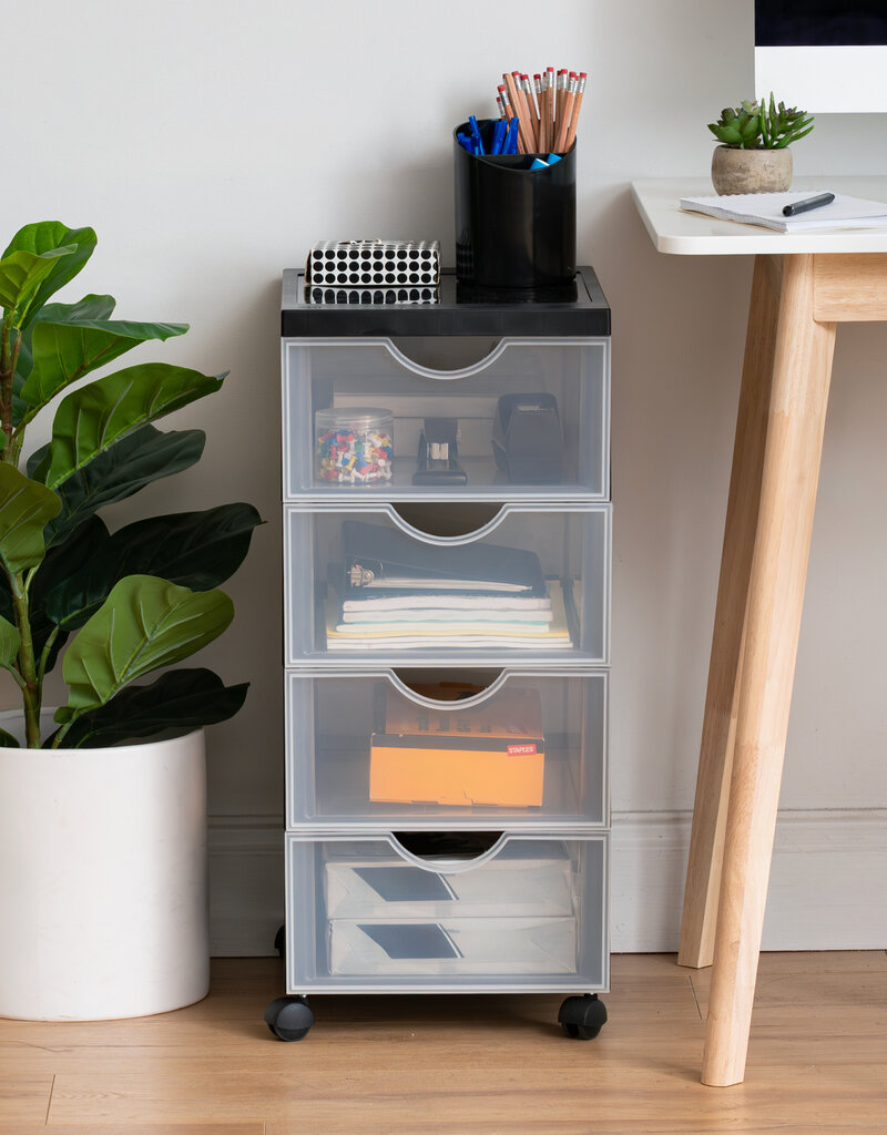 IRIS plastic opslagtoren op wielen, 4 middelgrote lades, zwart, DDDC-004