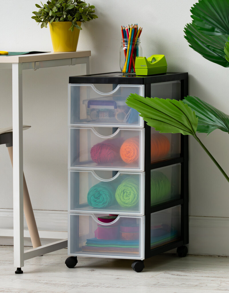 IRIS plastic opslagtoren op wielen, 4 middelgrote lades, zwart, DDDC-004