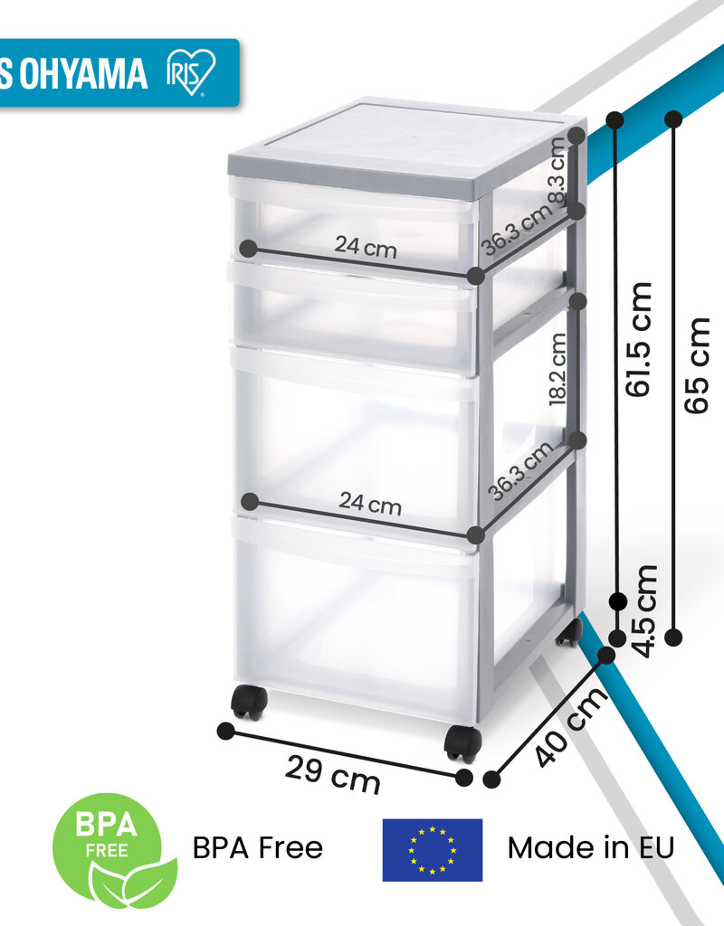 IRIS A4 Plastic opslagtoren op Wielen, 4 Gemengde Lades, Grijs, DC-322