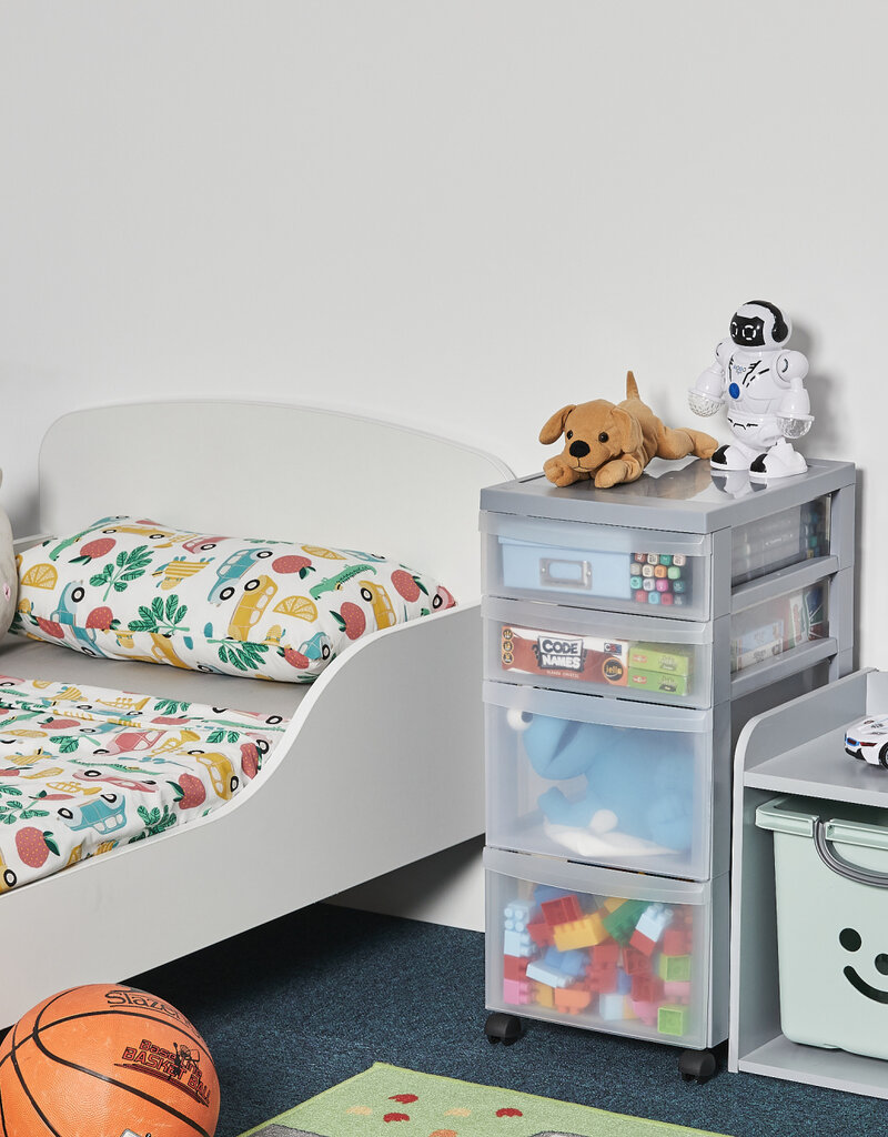 IRIS A4 Plastic opslagtoren op Wielen, 4 Gemengde Lades, Grijs, DC-322