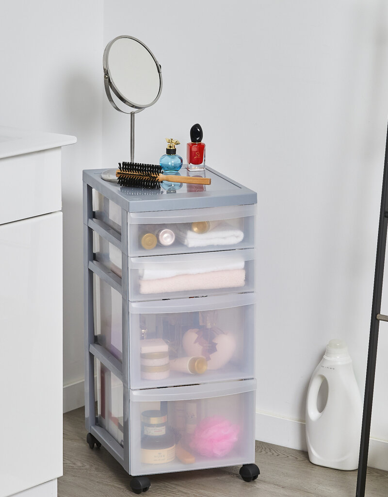 IRIS A4 Plastic opslagtoren op Wielen, 4 Gemengde Lades, Grijs, DC-322