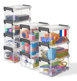 IRIS small plastic storage boxes with clips, 0.7L, set of 10, transparent, stackable, for the office