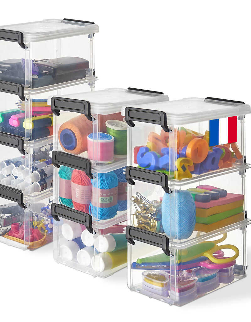 IRIS kleine plastic opbergdozen met clips, 0,7L, set van 10, transparant, stapelbaar, voor het kantoor