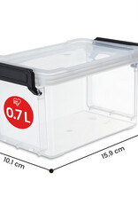 IRIS kleine plastic opbergdozen met clips, 0,7L, set van 10, transparant, stapelbaar, voor het kantoor
