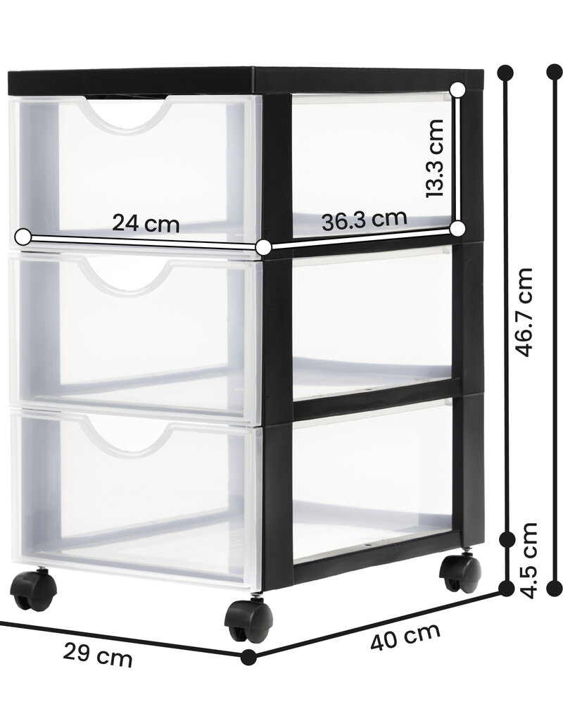 IRIS plastic opslagtoren op wielen, 3 middelgrote lades, zwart, DDDC-003