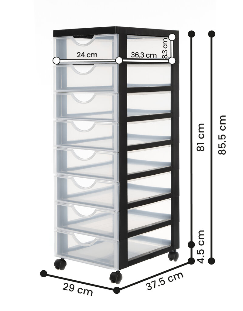 IRIS plastic opbergtoren op wielen, 8 kleine lades, zwart, DDDC-380