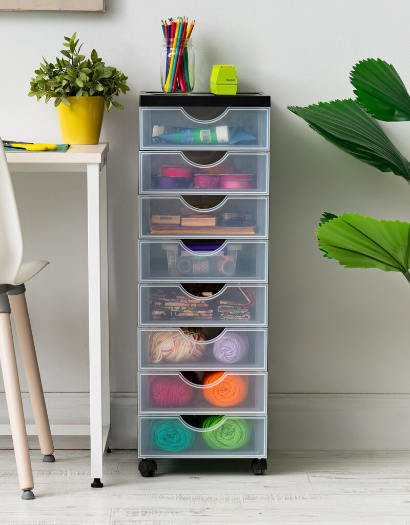 IRIS plastic opbergtoren op wielen, 8 kleine lades, zwart, DDDC-380