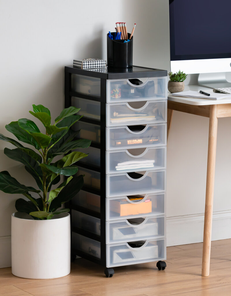 IRIS plastic opbergtoren op wielen, 8 kleine lades, zwart, DDDC-380