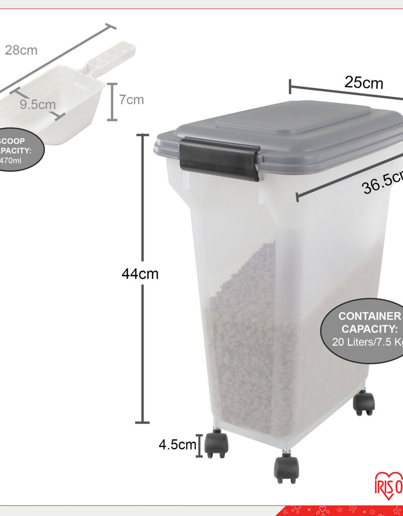 IRIS 20L brokjes voor 7,5 kg, luchtdicht, schop, inclusief wielen, voor honden en katten, ATS-M, grijs
