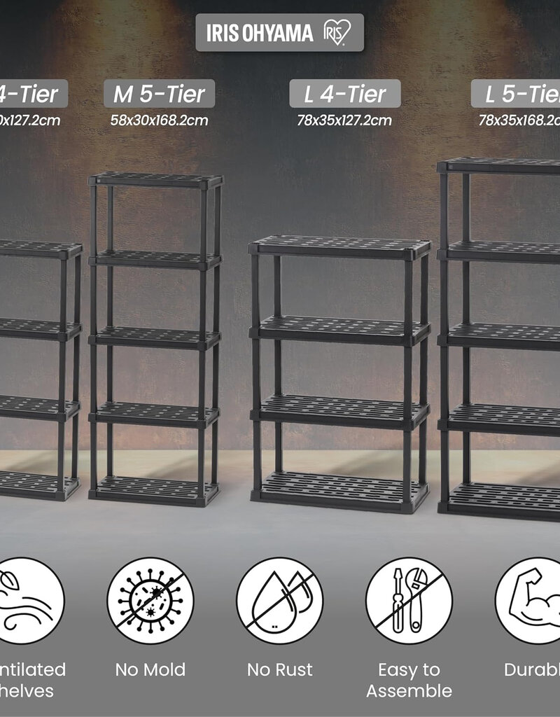 IRIS plastic opslagplank, bestendig, zwart, 25 kg lading per niveau, eenvoudig in elkaar te zetten, garageplank, PRS-M4