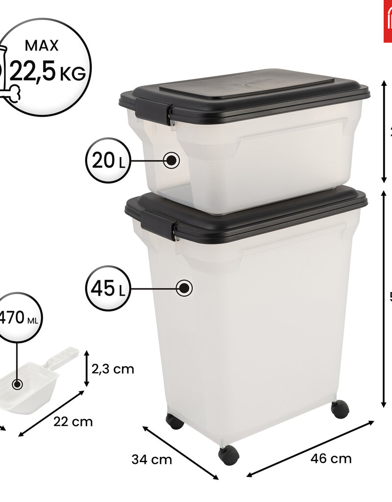 IRIS 2 blikjes brokjes 20 en 45L voor 7,5 en 15 kg, Luchtdicht, met Shovel and Wheels, voor honden en katten, ATS-C, Zwart