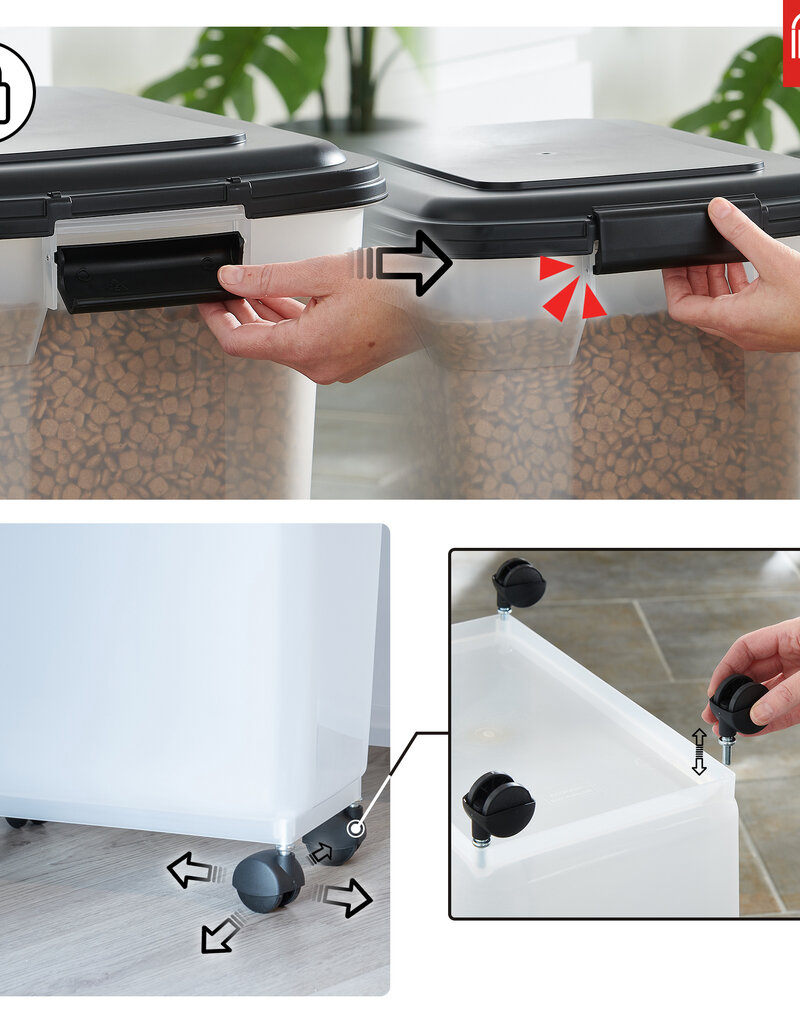 IRIS 2 blikjes brokjes 20 en 45L voor 7,5 en 15 kg, Luchtdicht, met Shovel and Wheels, voor honden en katten, ATS-C, Zwart