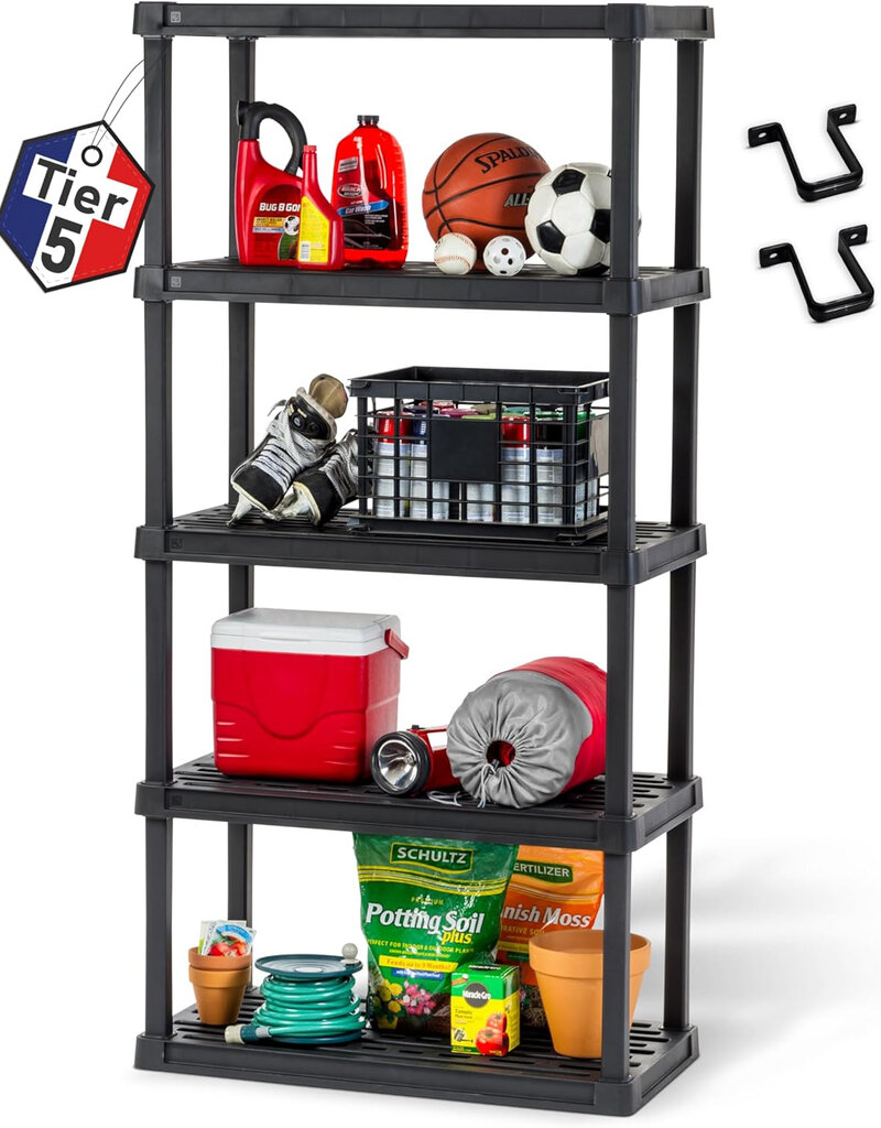 IRIS plastic opbergplank, stevig, zwart, 30 kg lading per niveau, makkelijk in elkaar te zetten, garageplank, PRS-L5